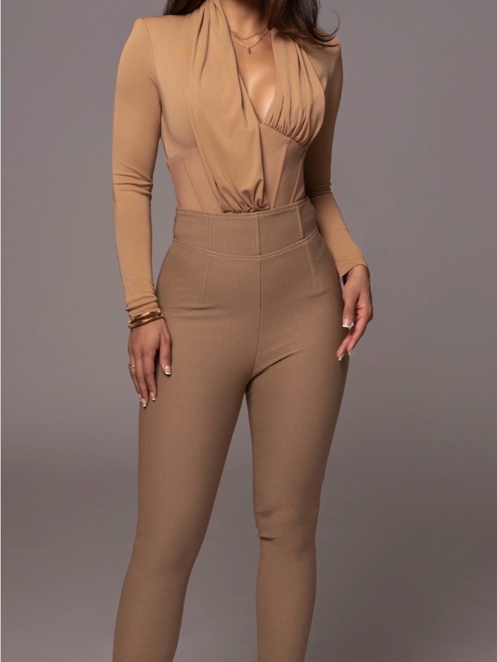 NWOT Tan Draped V-Neck Corset Bodysuit L